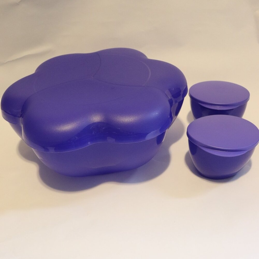 Tupperware Dark Blue Chip Dip Flower Bowl Set 4624A-1&2, With 2 Bowls & Lids